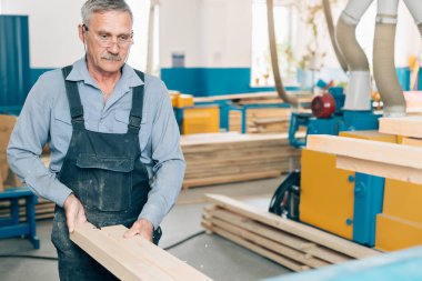 Yaşlı bir marangoz ya da marangoz portresi marangozların atölyesinde ahşap tahtalarla çalışıyor.. 