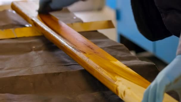 Verwerking van een houten plaat met vernis. Timmerman in handschoenen om het houten oppervlak te schilderen met bruine vernis — Stockvideo