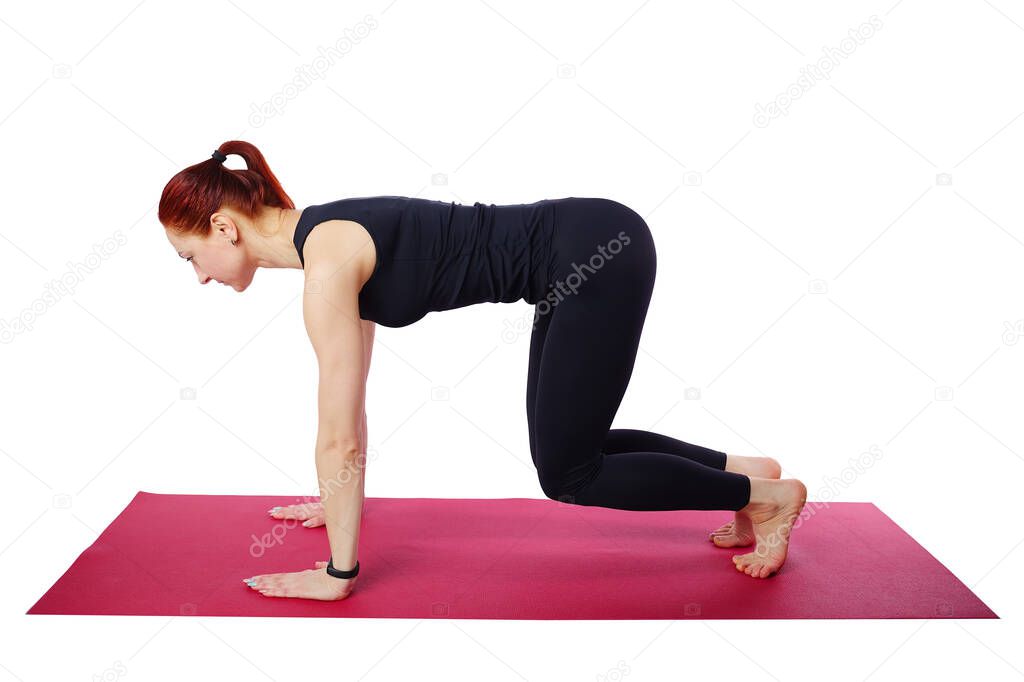 Pilates or yoga. A slender athletic girl on the mat performs a stand on all fours. Exercise Quadruped. 