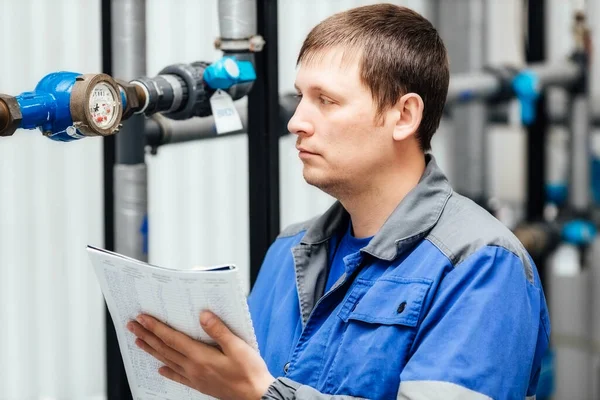 Ingenjör, arbetare registrerar avläsningar av sensorer och tryckmätare. Kontroll av vattenförsörjning och värmesystem — Stockfoto