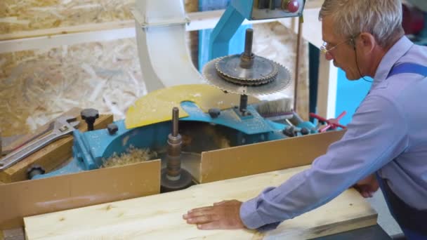 Ένας ξυλουργός επεξεργάζεται ξύλινες σανίδες σε τόρνο σε εργαστήριο ξυλουργικής. — Αρχείο Βίντεο