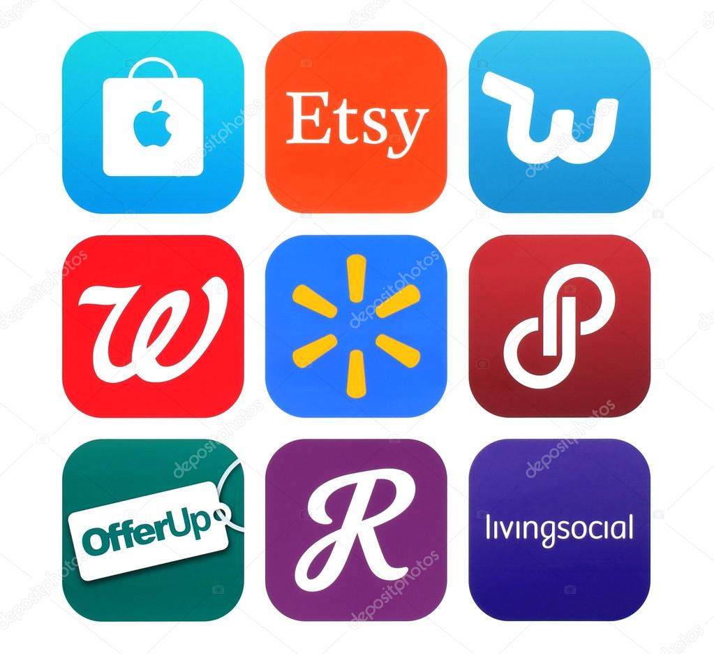 Kiev, Ukraine - February 22, 2016: Collection of popular shopping icons printed on paper: Apple Store, Etsy, Livingsocial, OfferUp, Poshmark, RetailMeNot, Walgreens, Walmart App and Wish