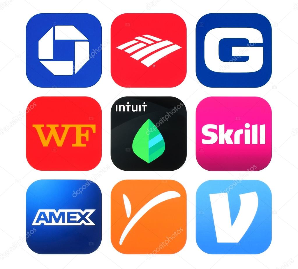 Kiev, Ukraine - February 26, 2016: Collection of popular Finance icons printed on paper: Chase Mobile, Bank of America, Amex Mobile, Geico Mobile, Mint, Payoneer, Skrill, Venmo and Wells Fargo Mobile