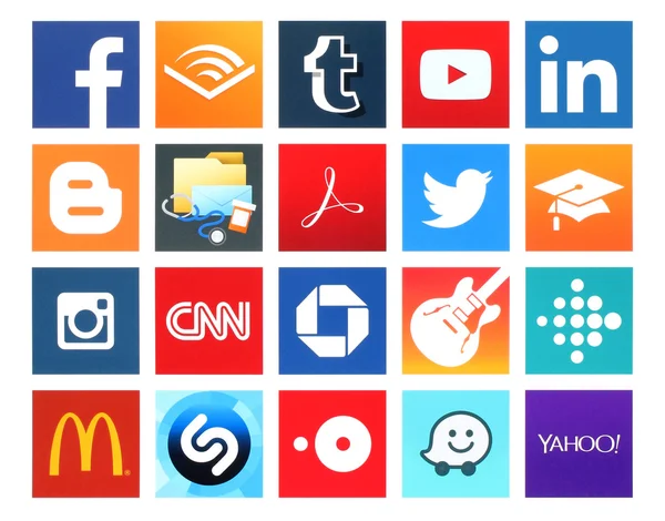 Colección de populares 20 iconos cuadrados de redes sociales, libros, negocios y otros — Foto de Stock