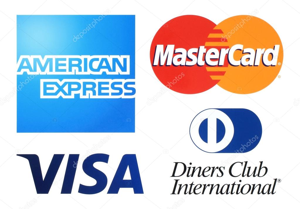 Kiev, Ukraine - April 04, 2016: Collection of popular payment system logos printed on white paper: American Express, MasterCard, Visa and Diners Club International