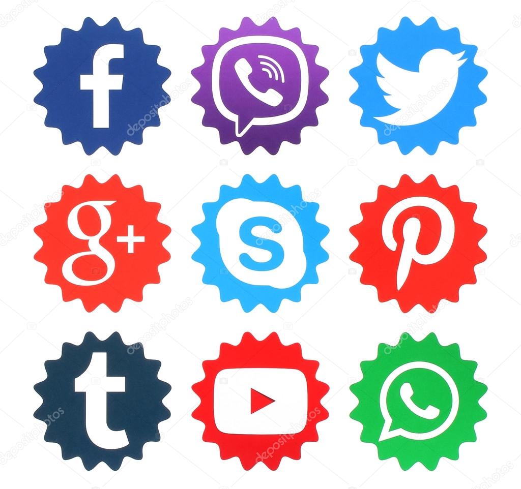 Kiev, Ukraine - April 09, 2016: Collection of popular social media logos printed on paper:Facebook, Twitter, Google Plus, WhatsApp, Pinterest, Viber, Youtube, Tumblr and Skype
