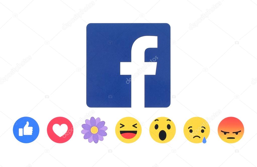 Kiev, Ukraine - May 09, 2016: New Facebook like button Empathetic Emoji Reactions with flower printed on white paper. Facebook is a well-known social networking service.