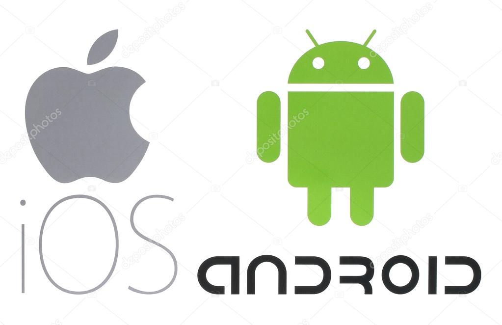 Kiev, Ukraine - May 26, 2016: Popular operating system logos printed on paper: Apple ios and Android