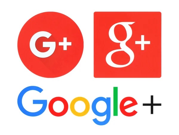 Colección de populares redes sociales Google plus logos impresos en papel blanco —  Fotos de Stock