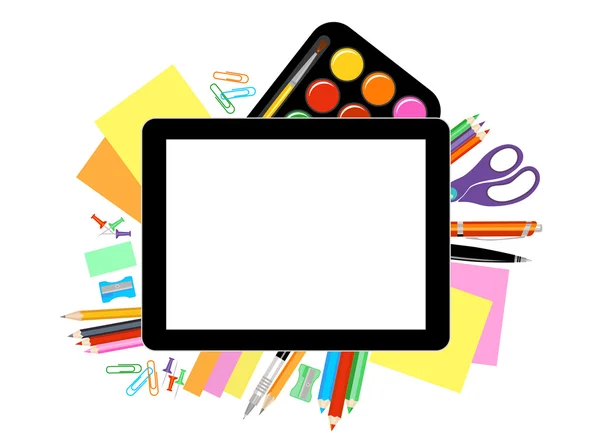 Moderna illustrazione vettoriale piatta, tablet PC con forniture per l'ufficio scolastico — Vettoriale Stock