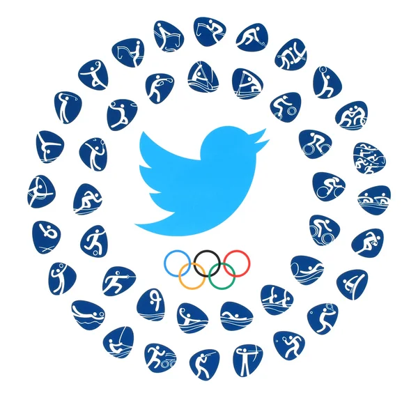 Логотип птицы в Twitter с олимпийскими играми Кольца и виды спорта — стоковое фото