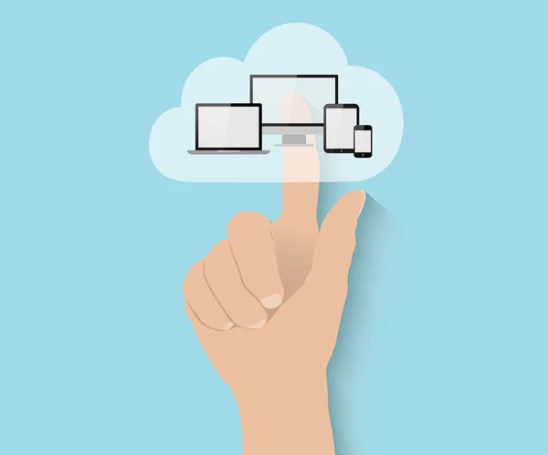 Cloud computing concept, hand pushes big flat cloud — Stock Vector