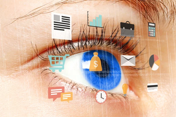 Woman blue eye looking at digital virtual screen — Stock Photo, Image