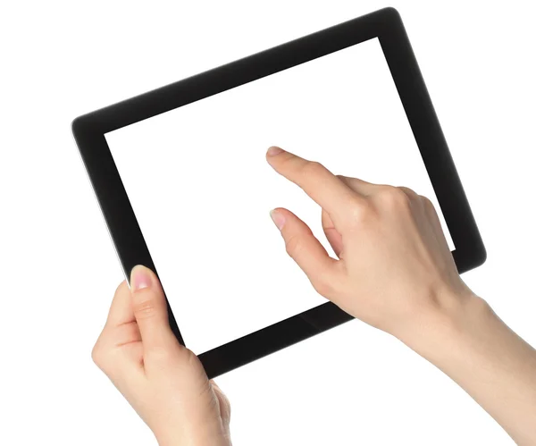 Vrouw handen houden en touch tablet pc — Stockfoto