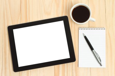 komputer typu Tablet, filiżanka kawy z materiałów biurowych