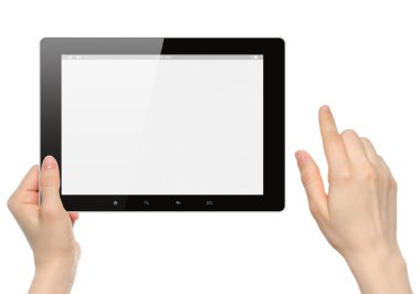 kadının ellerini tutun ve tablet pc dokunma