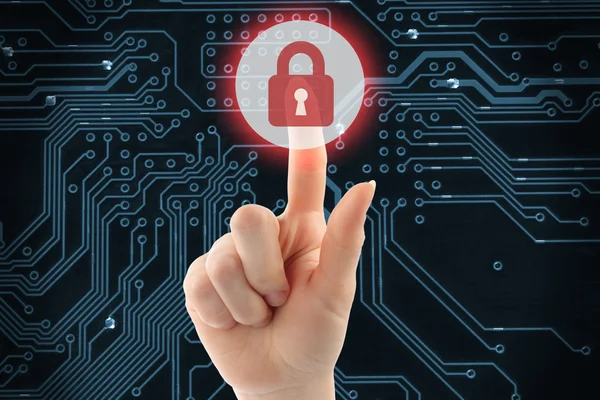 Hand duwen virtuele security-knop — Stockfoto