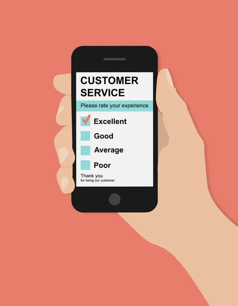 Flache Hand hält Smartphone mit Kundenservice-Zufriedenheits-Umfrage — Stockvektor