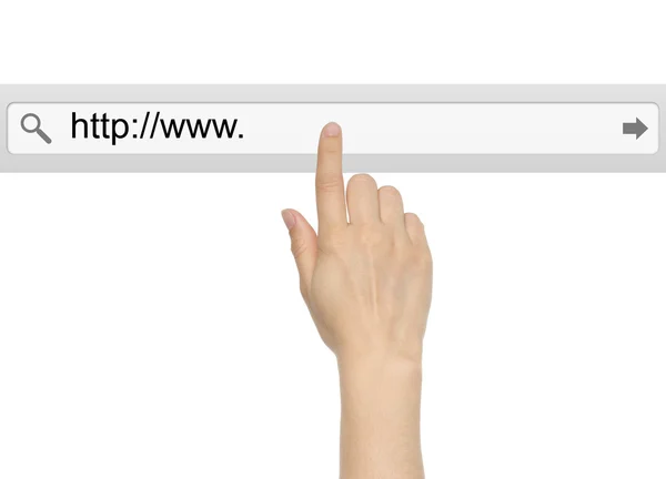 Mão empurrando barra de pesquisa virtual no fundo branco — Fotografia de Stock