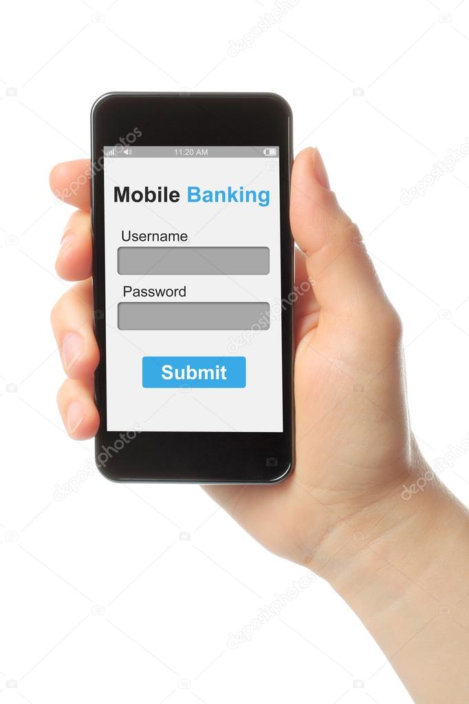 Hand holding smart phone with mobile banking login box