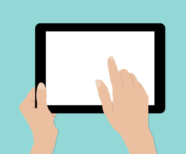 Woman hands hold and touch tablet PC on turquiose background