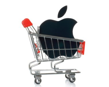 Apple logosu kağıda basılmış ve alışveriş sepeti içine yerleştirilen