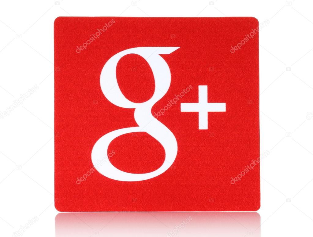 KIEV, UKRAINE - FEBRUARY 16, 2015:Google plus logotype printed on paper and placed on white background.Google is USA multinational corporation specializing in Internet-related services and products.