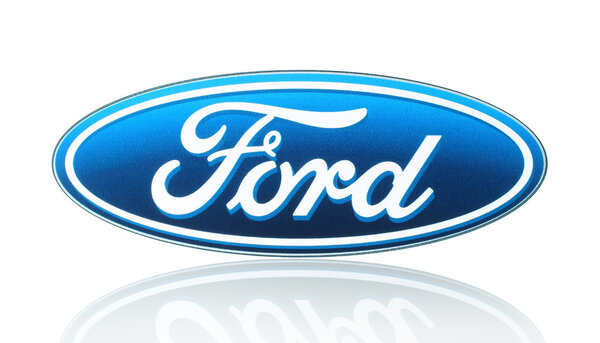 Ford logo printed on paper and placed on white background