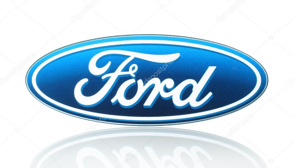KIEV, UKRAINE - MARCH 21, 2015: Ford logo printed on paper and placed on white background. Ford Motor Company is an American multinational automaker.