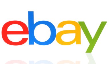 eBay logotype printed on paper on white background