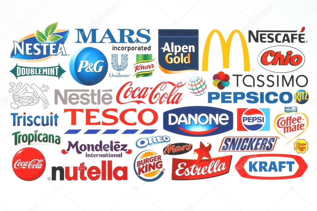 KIEV, UKRAINE - MAY 07, 2015:Collection of popular food logos companies printed on paper:Coca-Cola, Mars, Kraft, Pepsi, McDonald's, Nestle, Tesco and others