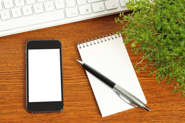 Smartphone, Tastatur, Notizblock, Stift und grüne Pflanze — Stockfoto