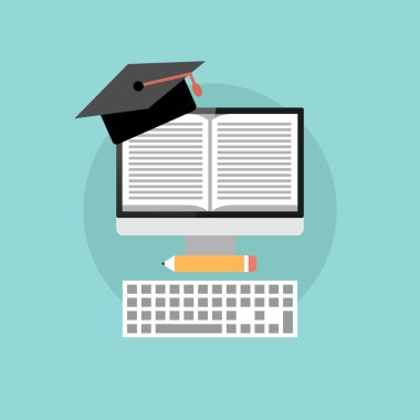 Online Eğitim kavramı, kitap, kolej ve uzun gölge ile klavye monitör düz tasarımı