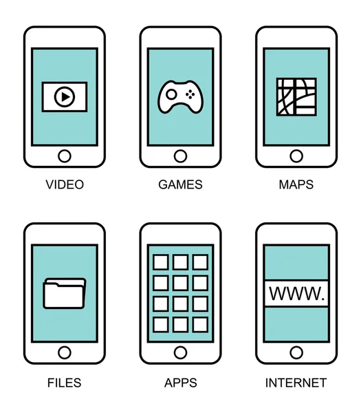 Teléfonos inteligentes modernos de contorno plano con diferentes elementos de interfaz de usuario — Archivo Imágenes Vectoriales