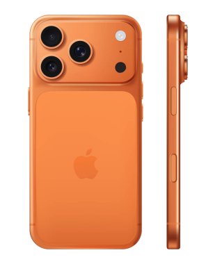 Akıllı Telefon iPhone 17 Pro kozmik turuncu renkli, şeffaf arka planda, vektör illüstrasyonlu. iPhone 17 Pro ve iPhone 17 Pro Max, Apple tarafından geliştirilen ve pazarlanan akıllı telefonlardır..