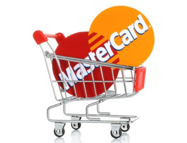 Mastercard logo printed on paper and placed into shopping cart