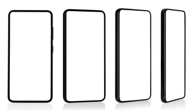 Şeffaf arkaplanda izole edilmiş farklı açılarda akıllı telefon görüntüleri. Mobil cihazlar, elektronik ve yaratıcı projeler için teknoloji kolajı