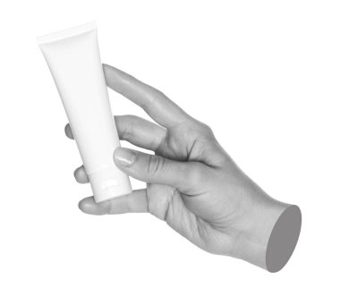 Gri elli, çağdaş sanat tarzı kozmetik krem tüplü, şeffaf arka planda izole edilmiş. Cilt tasarımı, güzellik projeleri, kozmetik reklamlar ve modern sanat kavramları için mükemmel.