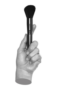 Gri elli, modern sanat tarzı makyaj fırçası, şeffaf arka planda izole edilmiş. Kozmetik tasarım, güzellik projeleri, modern reklamlar ve çağdaş sanat kavramları için mükemmel.