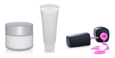 Güzellik ürünleri seti: krem kavanozu, krem tüpü ve tırnak cilası, şeffaf bir arka planda izole edilmiş.