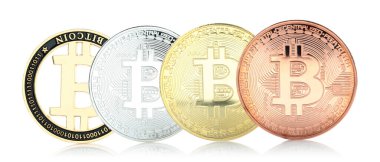 Saydam bir arkaplanda izole edilmiş Bitcoin şifreleme paraları ile kavram. Finansal kavramlar, fintech çizimler, engelleme projeleri ve dijital para birimi sunumları için mükemmel