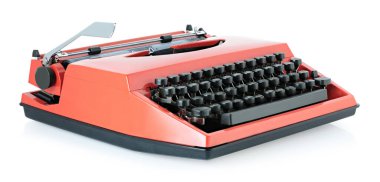 Şeffaf bir arkaplanda izole edilmiş kırmızı vintage daktilo. Retro ofis makinesi konseptler, edebiyat temaları, yaratıcı tasarım ve nostaljik projeler yazmak için mükemmeldir.