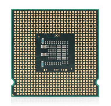 Mikroişlemci şeffaf bir arkaplanda izole edilmiş. Teknoloji, donanım tasarımı, mühendislik görselleri ve eğitim projeleri için mükemmel yüksek detaylı elektronik bileşen