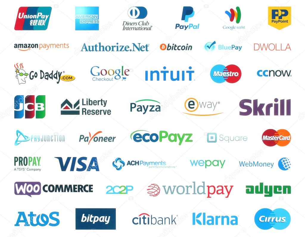 Kiev, Ukraine - January 11, 2016: Collection of popular payment system logos printed on white paper:PayPal, Google Wallet, Bitcoin, Mastercard, Maestro, Skrill, JCB, Payoneer, Visa, Worldpay and other