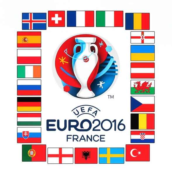 Offizielles Logo der Uefa-Europameisterschaft 2016 in Frankreich mit Fahnen — Stockfoto