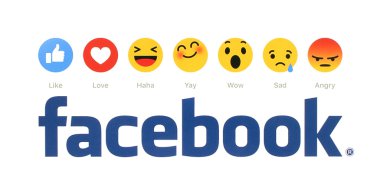New Facebook like button 6 Empathetic Emoji Reactions printed on white paper. Facebook is a well-known social networking service