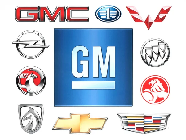 Marcas de General Motors Company impresas en papel. General Motors Company es una multinacional estadounidense que diseña, fabrica y distribuye vehículos — Foto de Stock