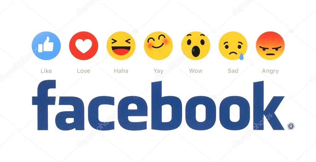 Kiev, Ukraine - February 9, 2016: New Facebook like button 6 Empathetic Emoji Reactions printed on white paper. Facebook is a well-known social networking service.