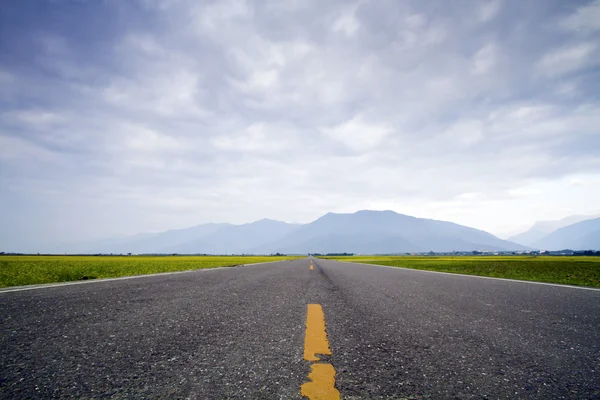 Estrada de asfalto através do campo verde — Fotografia de Stock