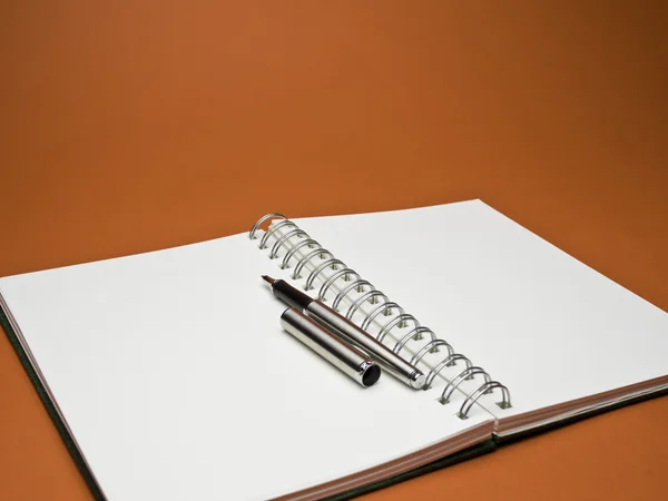 Caneta esferográfica prata no caderno de esboços branco com fundo vermelho — Fotografia de Stock